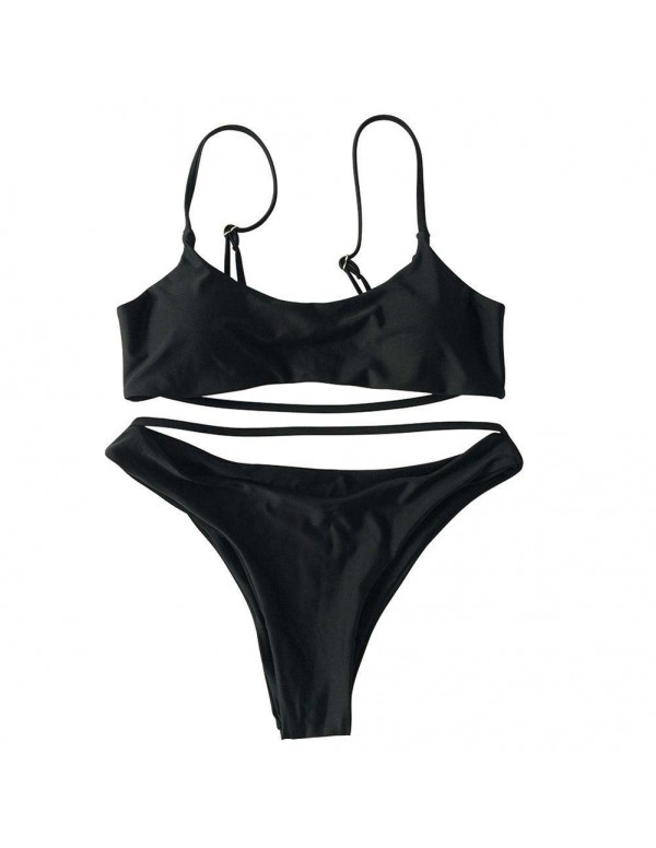 Beach Two Piece Bathing Suit Solid Split Swimwear(Black S)