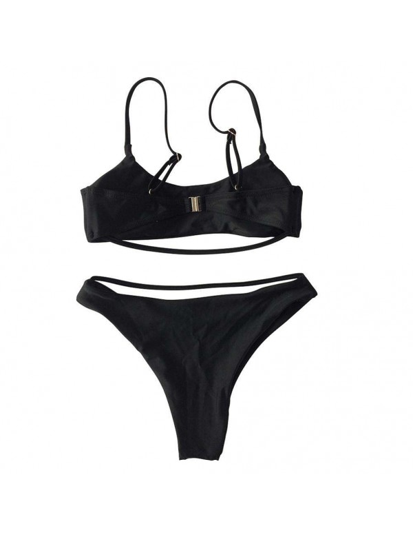 Beach Two Piece Bathing Suit Solid Split Swimwear(Black S)