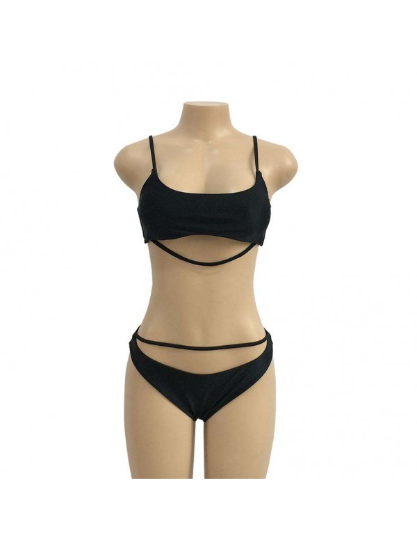 Beach Two Piece Bathing Suit Solid Split Swimwear(Black S)