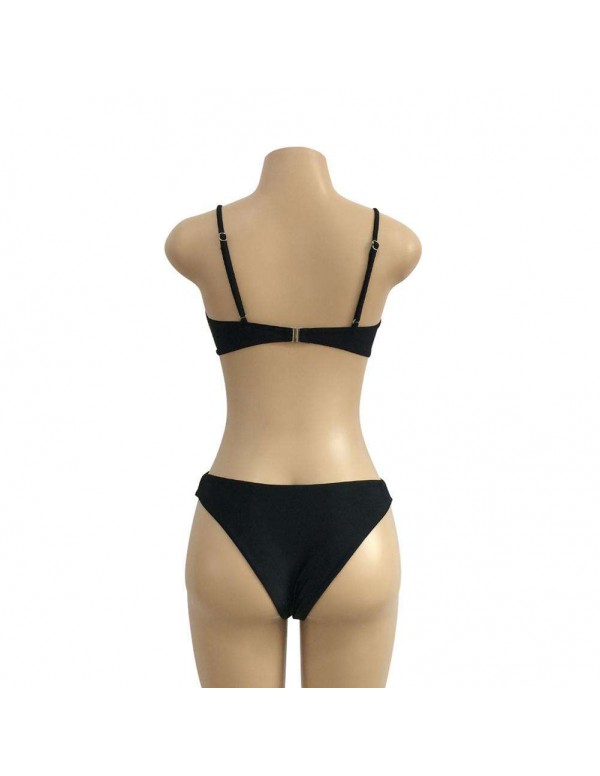 Beach Two Piece Bathing Suit Solid Split Swimwear(Black S)