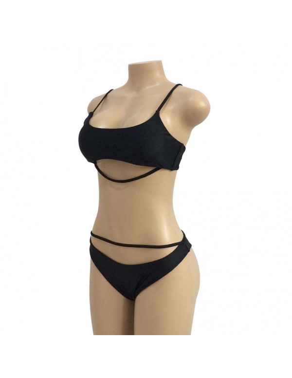 Beach Two Piece Bathing Suit Solid Split Swimwear(Black S)