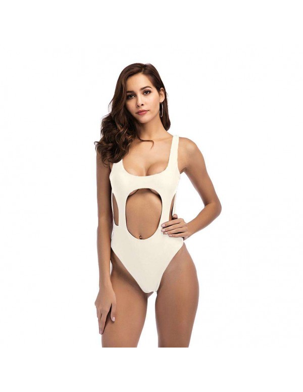 Sexy One Piece Swimwear Backless Solid Hollowed-Out Swimsuit(White S)