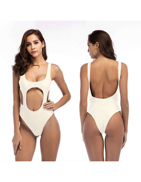 Sexy One Piece Swimwear Backless Solid Hollowed-Out Swimsuit(White S)