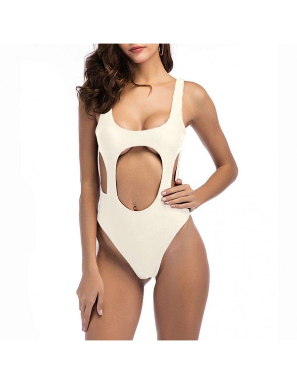 Sexy One Piece Swimwear Backless Solid Hollowed-Out Swimsuit(White S)