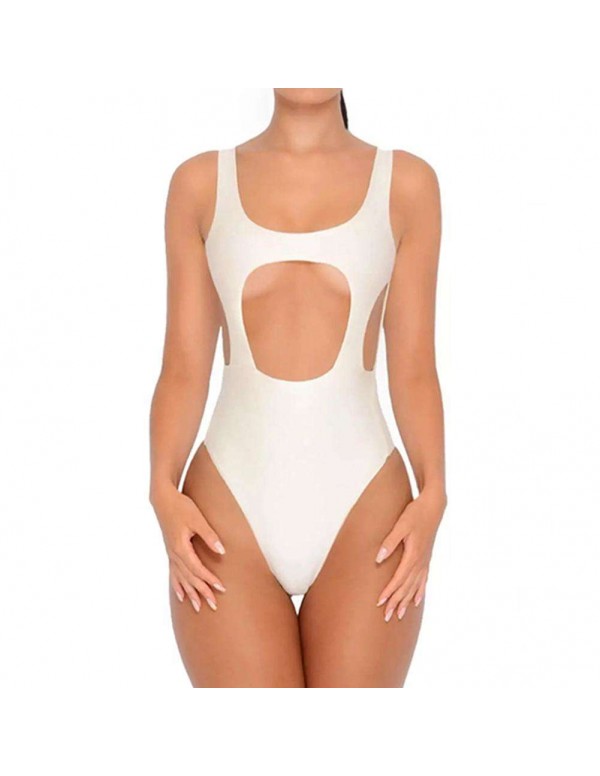 Sexy One Piece Swimwear Backless Solid Hollowed-Out Swimsuit(White S)