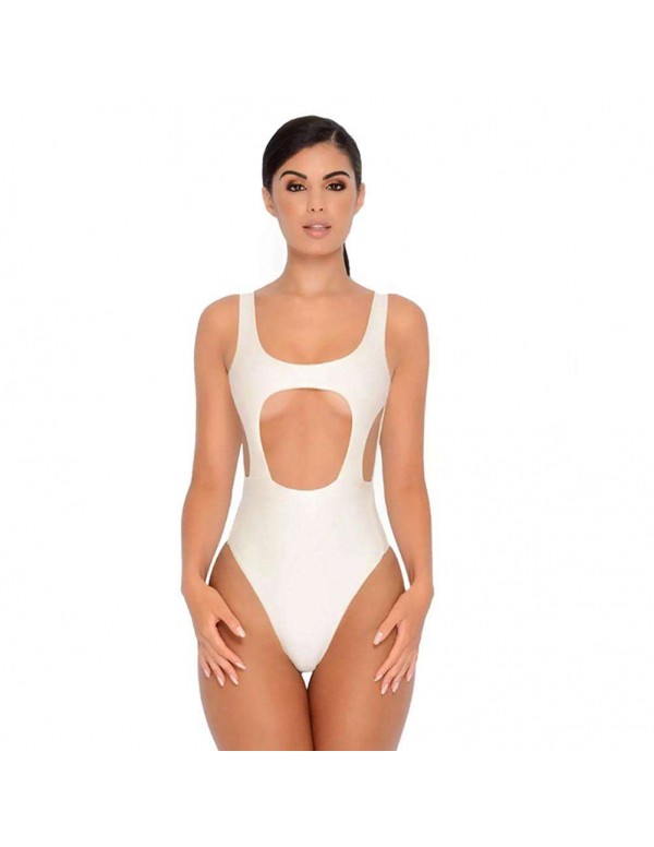 Sexy One Piece Swimwear Backless Solid Hollowed-Out Swimsuit(White S)