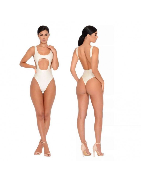 Sexy One Piece Swimwear Backless Solid Hollowed-Out Swimsuit(White S)