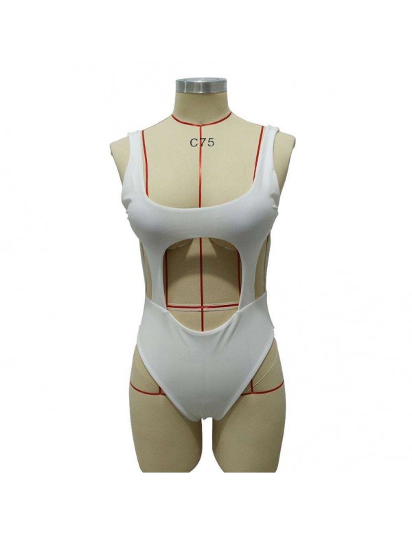 Sexy One Piece Swimwear Backless Solid Hollowed-Out Swimsuit(White S)