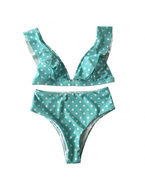 Sexy High Waist Swimsuit Ruffle Dot Beachwear(Sky Blue XL)