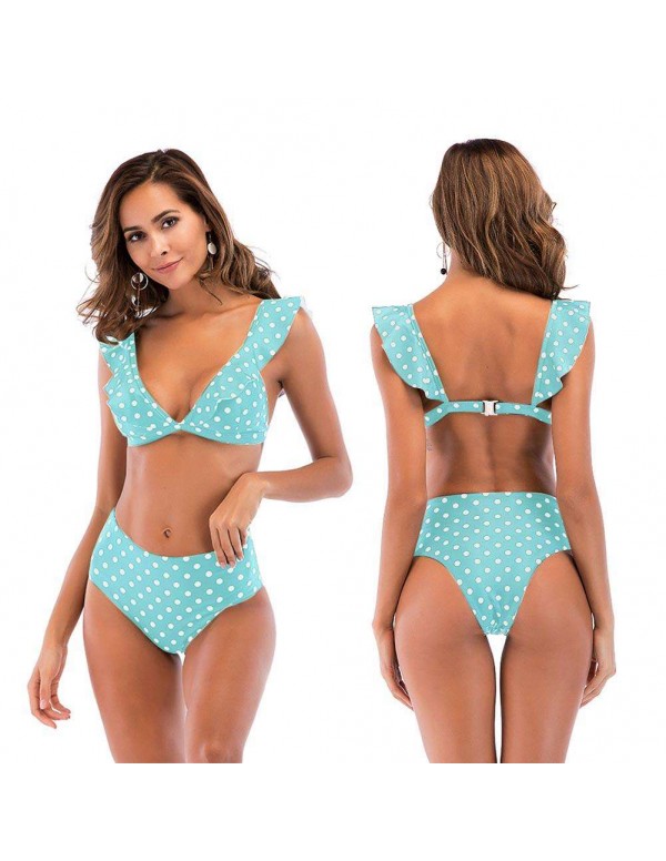 Sexy High Waist Swimsuit Ruffle Dot Beachwear(Sky Blue XL)