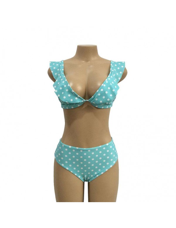 Sexy High Waist Swimsuit Ruffle Dot Beachwear(Sky Blue XL)