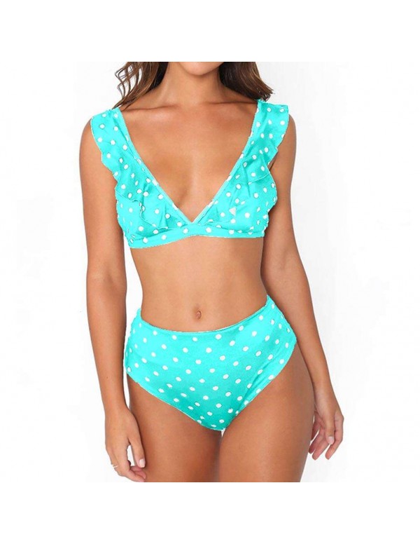 Sexy High Waist Swimsuit Ruffle Dot Beachwear(Sky Blue XL)