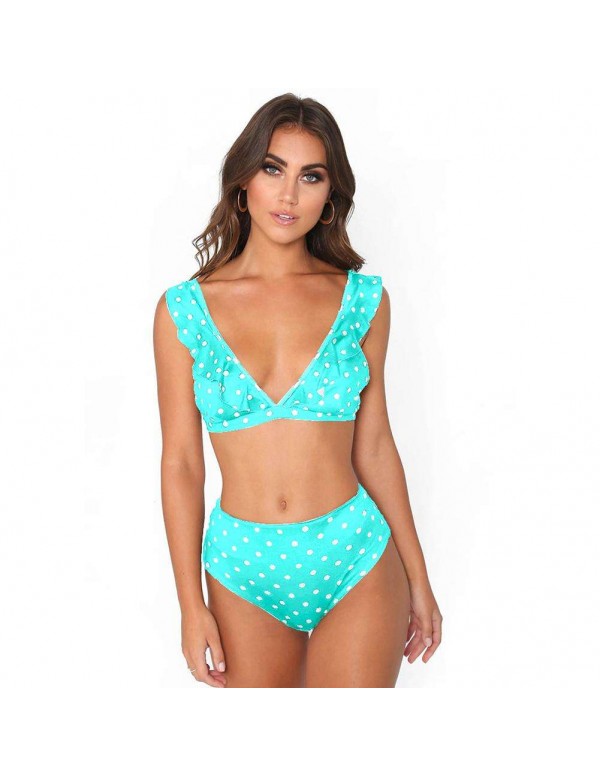 Sexy High Waist Swimsuit Ruffle Dot Beachwear(Sky Blue XL)