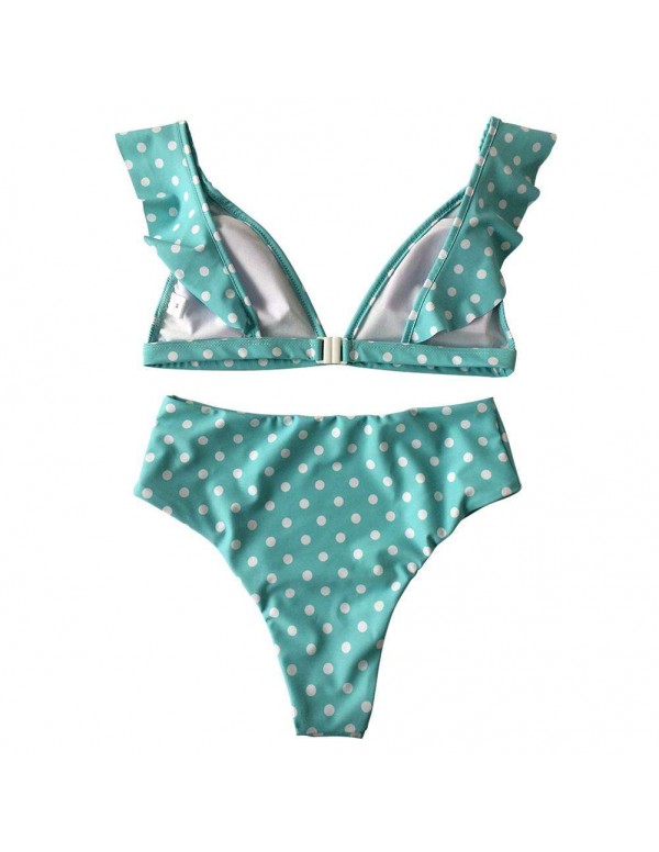 Sexy High Waist Swimsuit Ruffle Dot Beachwear(Sky Blue XL)