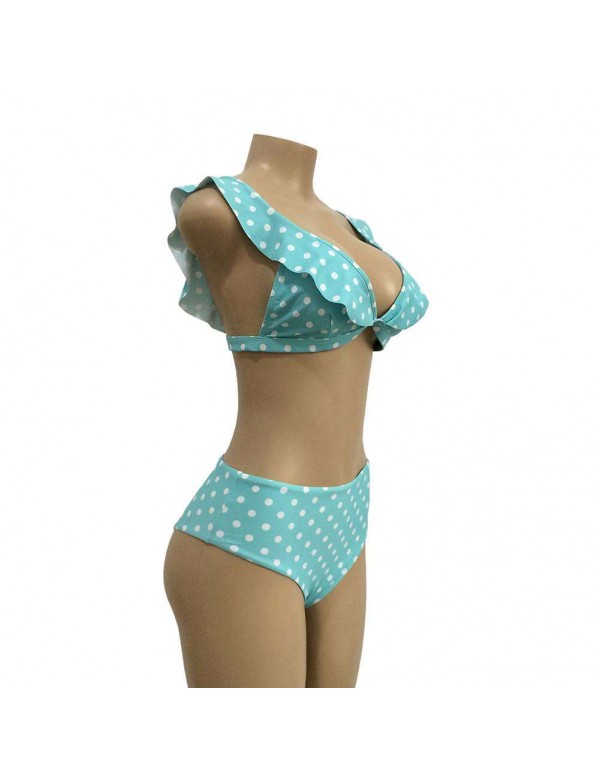 Sexy High Waist Swimsuit Ruffle Dot Beachwear(Sky Blue XL)