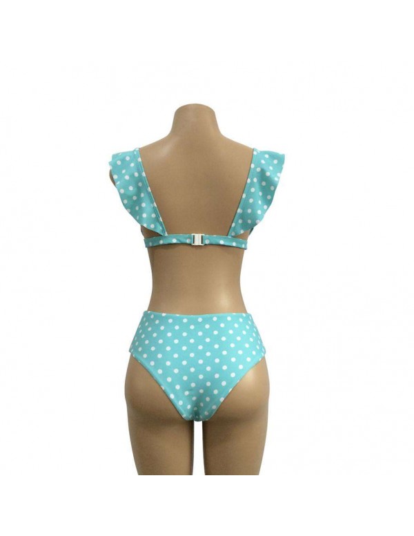 Sexy High Waist Swimsuit Ruffle Dot Beachwear(Sky Blue XL)