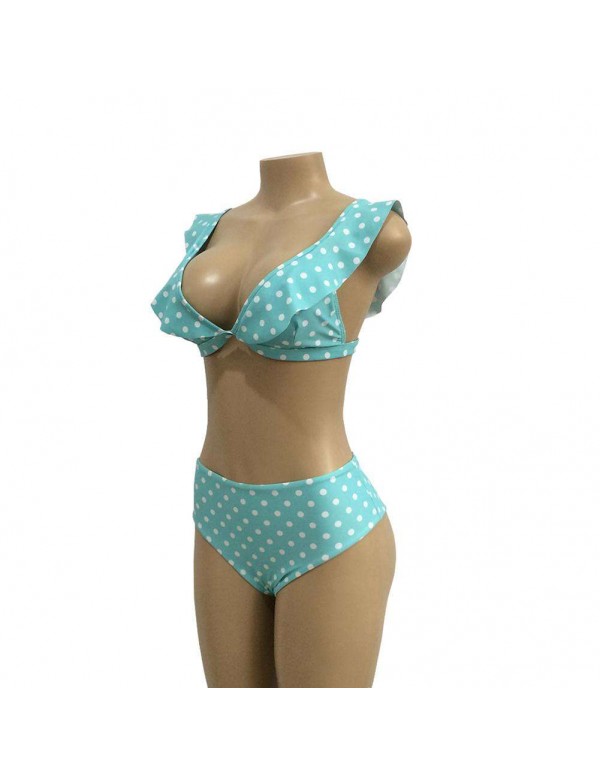 Sexy High Waist Swimsuit Ruffle Dot Beachwear(Sky Blue XL)