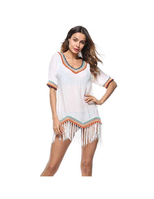 Patchwork Tassel V Neck Beach Swimwear Bikini Swimsuit Cover Up/White