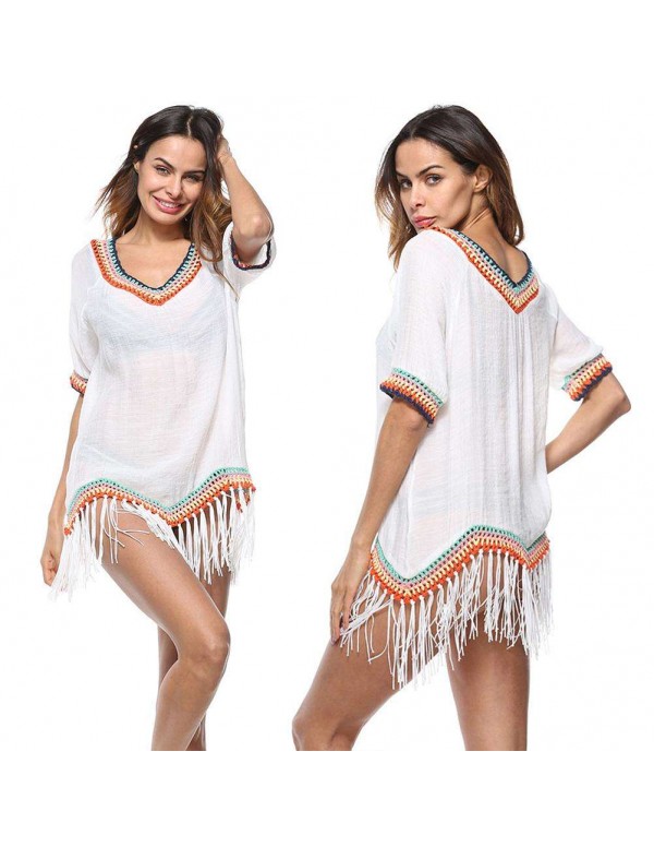 Patchwork Tassel V Neck Beach Swimwear Bikini Swimsuit Cover Up/White