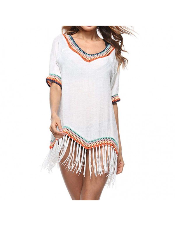 Patchwork Tassel V Neck Beach Swimwear Bikini Swimsuit Cover Up/White