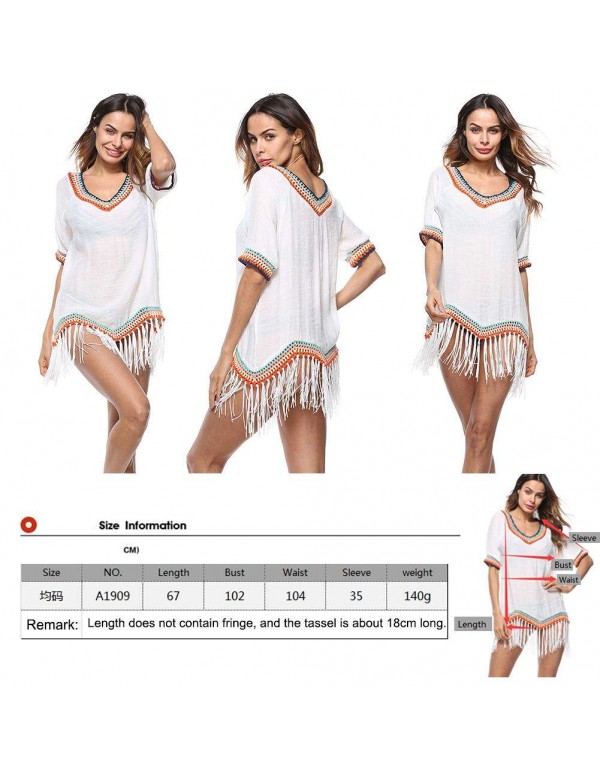 Patchwork Tassel V Neck Beach Swimwear Bikini Swimsuit Cover Up/White