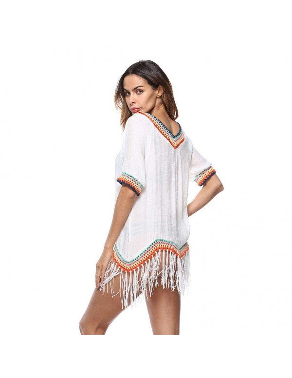 Patchwork Tassel V Neck Beach Swimwear Bikini Swimsuit Cover Up/White