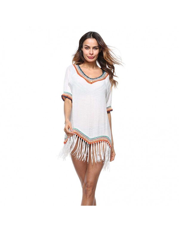 Patchwork Tassel V Neck Beach Swimwear Bikini Swimsuit Cover Up/White