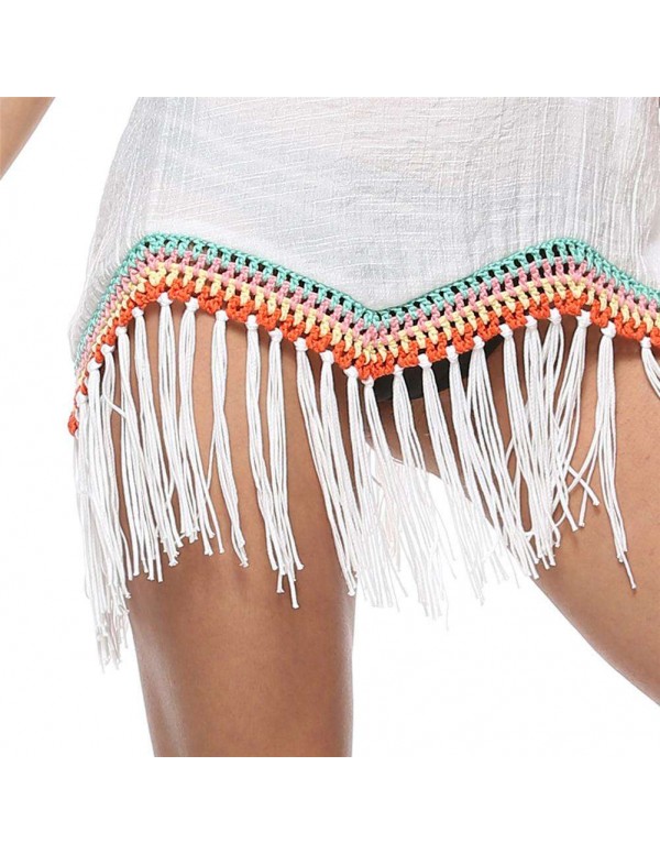 Patchwork Tassel V Neck Beach Swimwear Bikini Swimsuit Cover Up/White