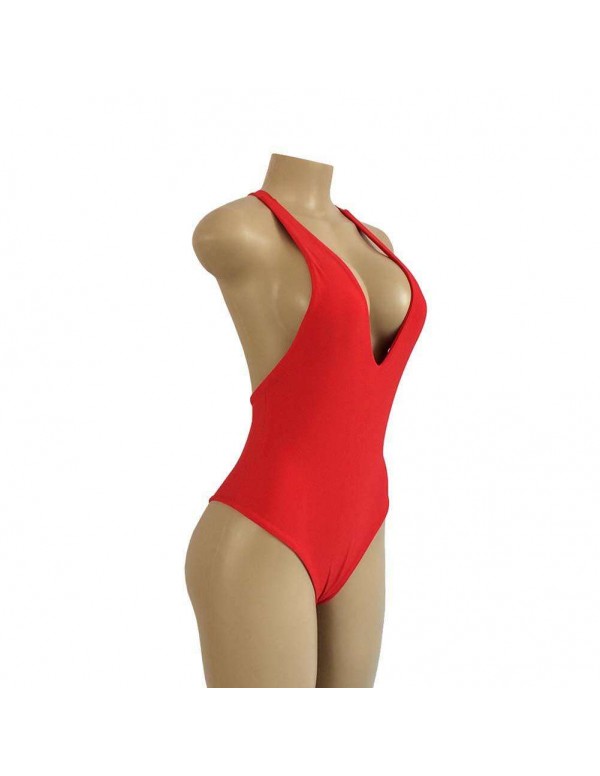 Sexy One Piece Swimsuit Padded Backless Bodycon Deep V Bikini(Red/M)