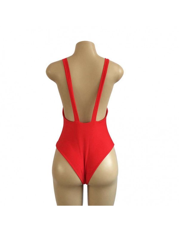 Sexy One Piece Swimsuit Padded Backless Bodycon Deep V Bikini(Red/M)