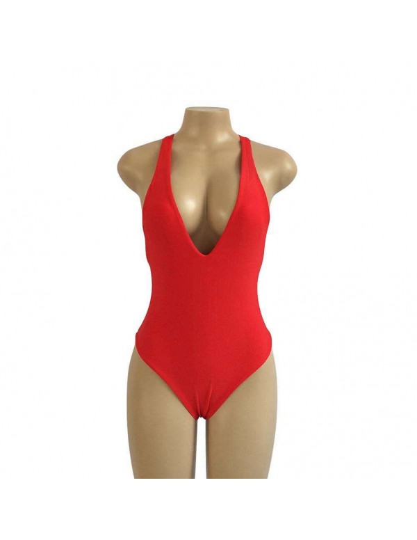 Sexy One Piece Swimsuit Padded Backless Bodycon Deep V Bikini(Red/M)