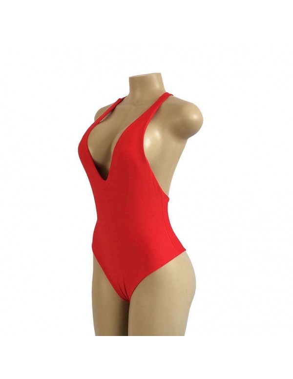 Sexy One Piece Swimsuit Padded Backless Bodycon Deep V Bikini(Red/M)