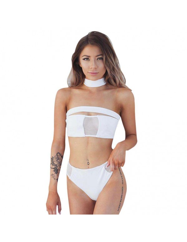 Sexy Mesh Patchwork Padded Bandeau Swimsuit(White/XL)