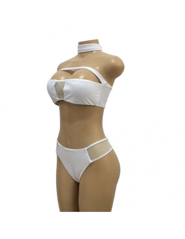 Sexy Mesh Patchwork Padded Bandeau Swimsuit(White/XL)