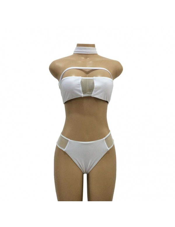 Sexy Mesh Patchwork Padded Bandeau Swimsuit(White/XL)