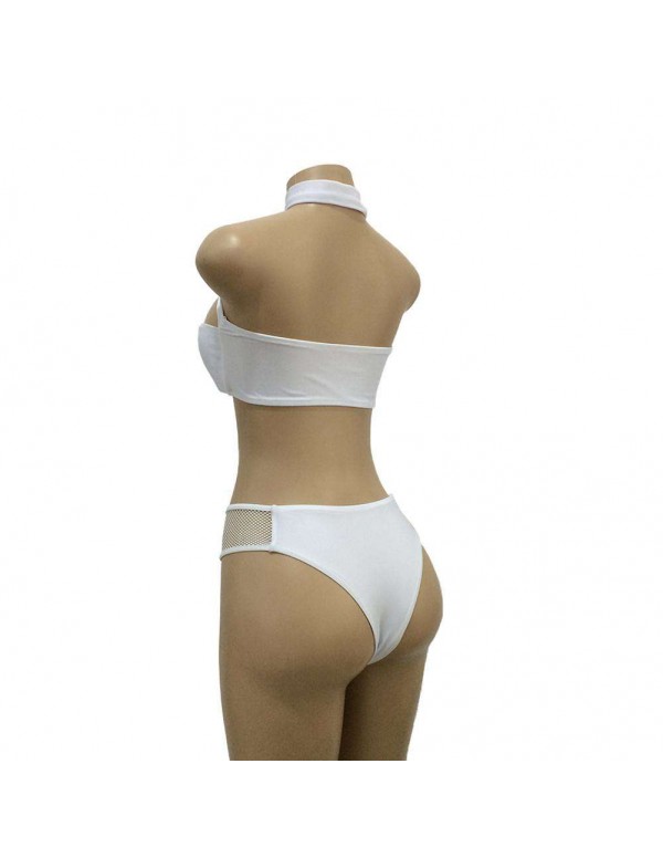 Sexy Mesh Patchwork Padded Bandeau Swimsuit(White/XL)