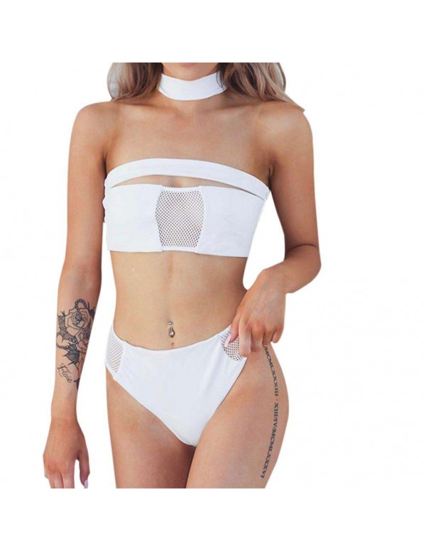 Sexy Mesh Patchwork Padded Bandeau Swimsuit(White/XL)