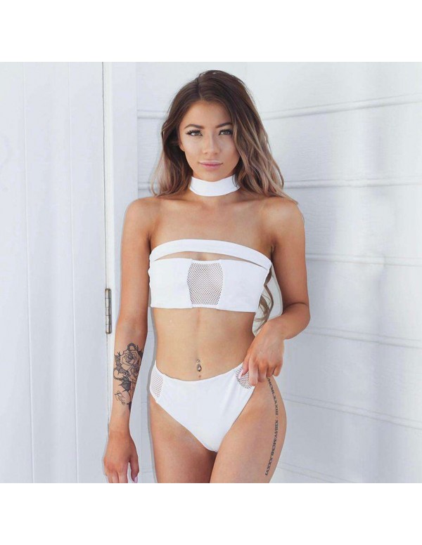 Sexy Mesh Patchwork Padded Bandeau Swimsuit(White/XL)