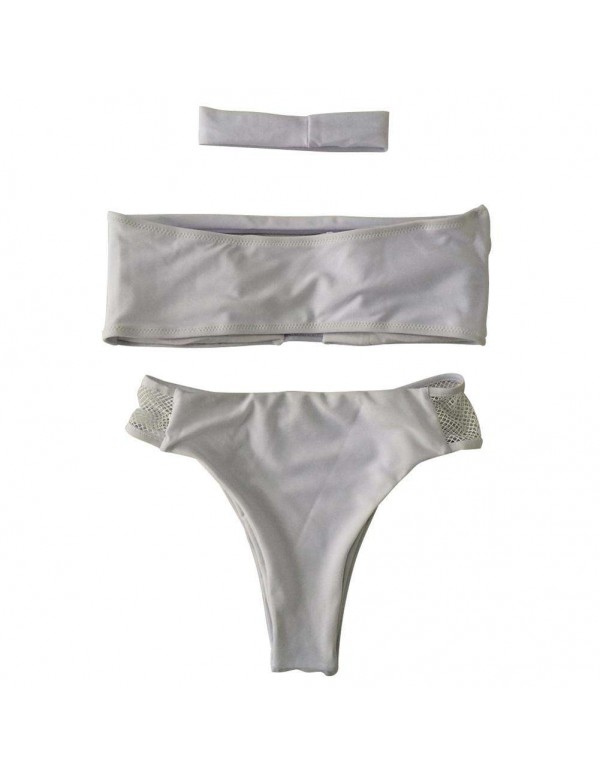 Sexy Mesh Patchwork Padded Bandeau Swimsuit(White/XL)