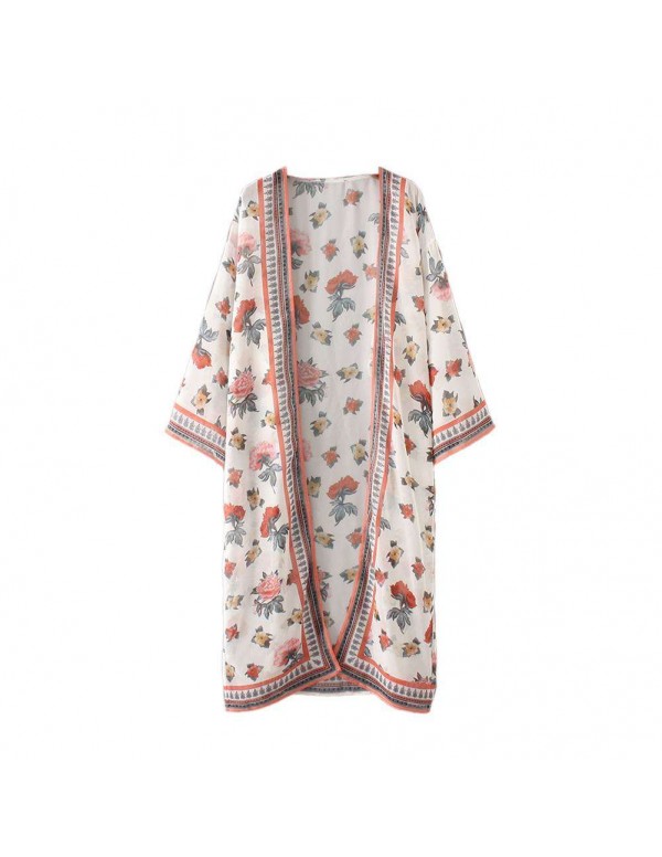 Boho Folk Style Beach Flower Print Chiffon Cardigan Long Cover Ups/S