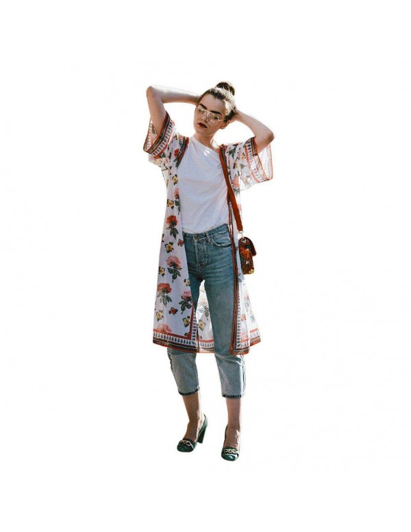 Boho Folk Style Beach Flower Print Chiffon Cardigan Long Cover Ups/S