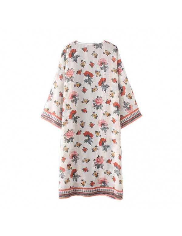 Boho Folk Style Beach Flower Print Chiffon Cardigan Long Cover Ups/S