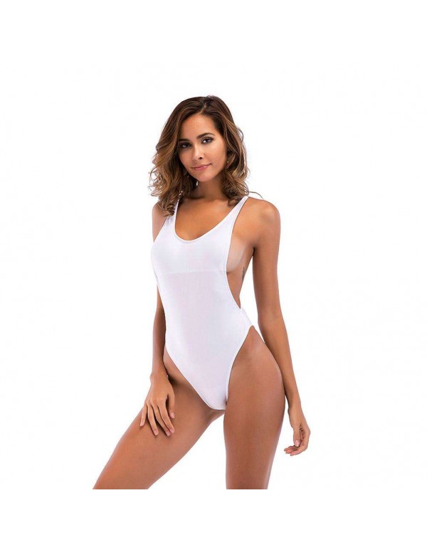 Sexy One Piece Strap Backless Solid Padded Bikini Swimwear(White S)