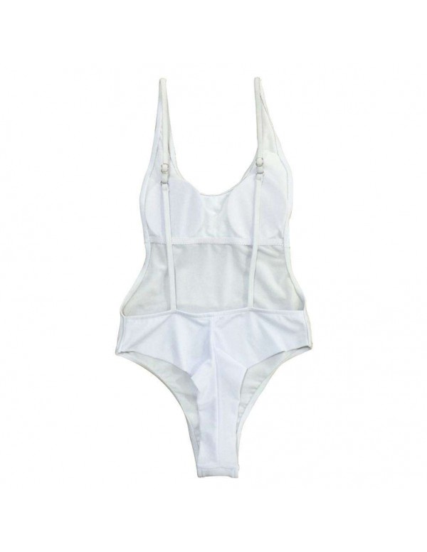 Sexy One Piece Strap Backless Solid Padded Bikini Swimwear(White S)