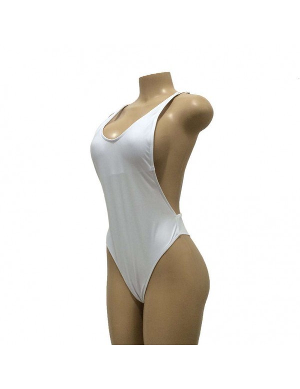 Sexy One Piece Strap Backless Solid Padded Bikini Swimwear(White S)