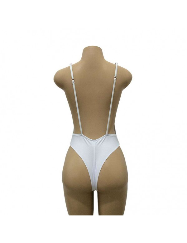 Sexy One Piece Strap Backless Solid Padded Bikini Swimwear(White S)