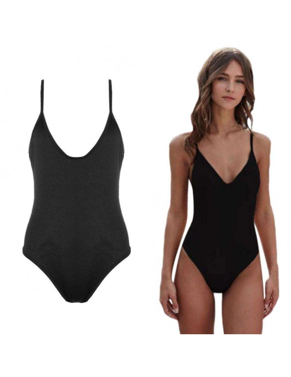 Sexy One Piece Swimsuit Solid Push Up Beach Slip Swimwear(Black S)