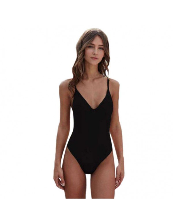 Sexy One Piece Swimsuit Solid Push Up Beach Slip Swimwear(Black S)