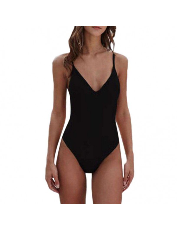 Sexy One Piece Swimsuit Solid Push Up Beach Slip Swimwear(Black S)