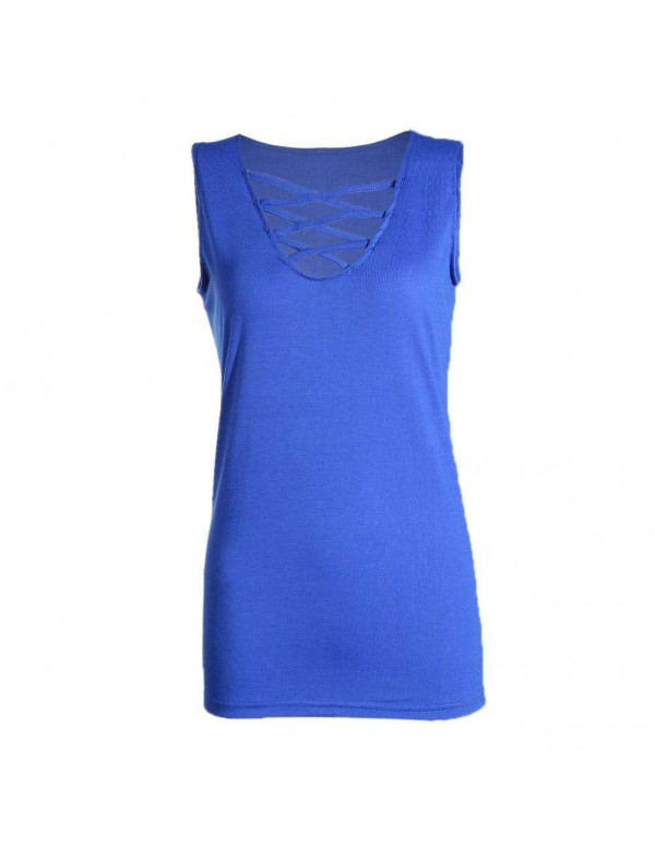 New Fashion Sleeveless Sexy Deep V-Neck Bandage T-shirt(Blue S)